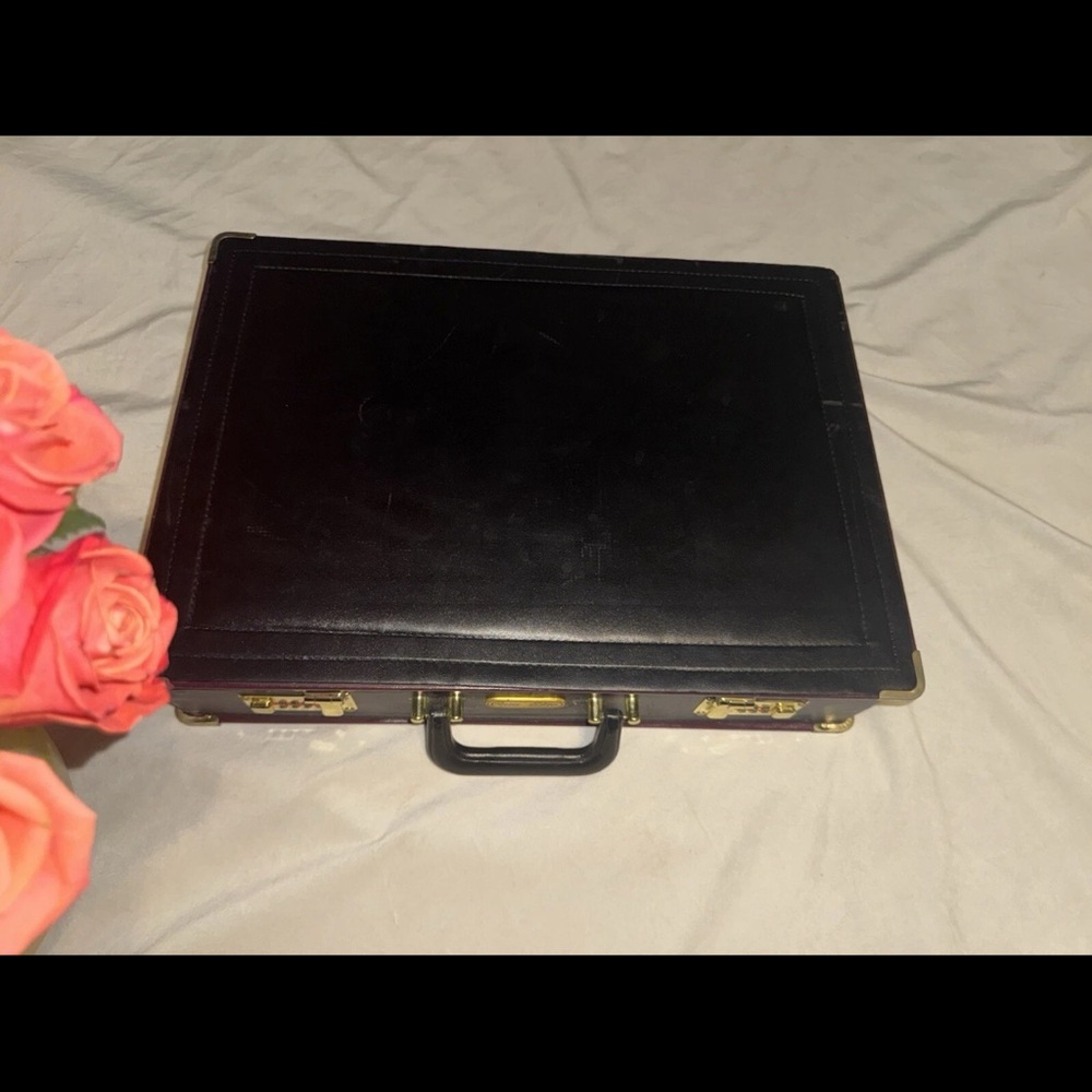 Vintage Rare Casa Elite Black Leather Empty Storage Case Gold Accents Briefcase